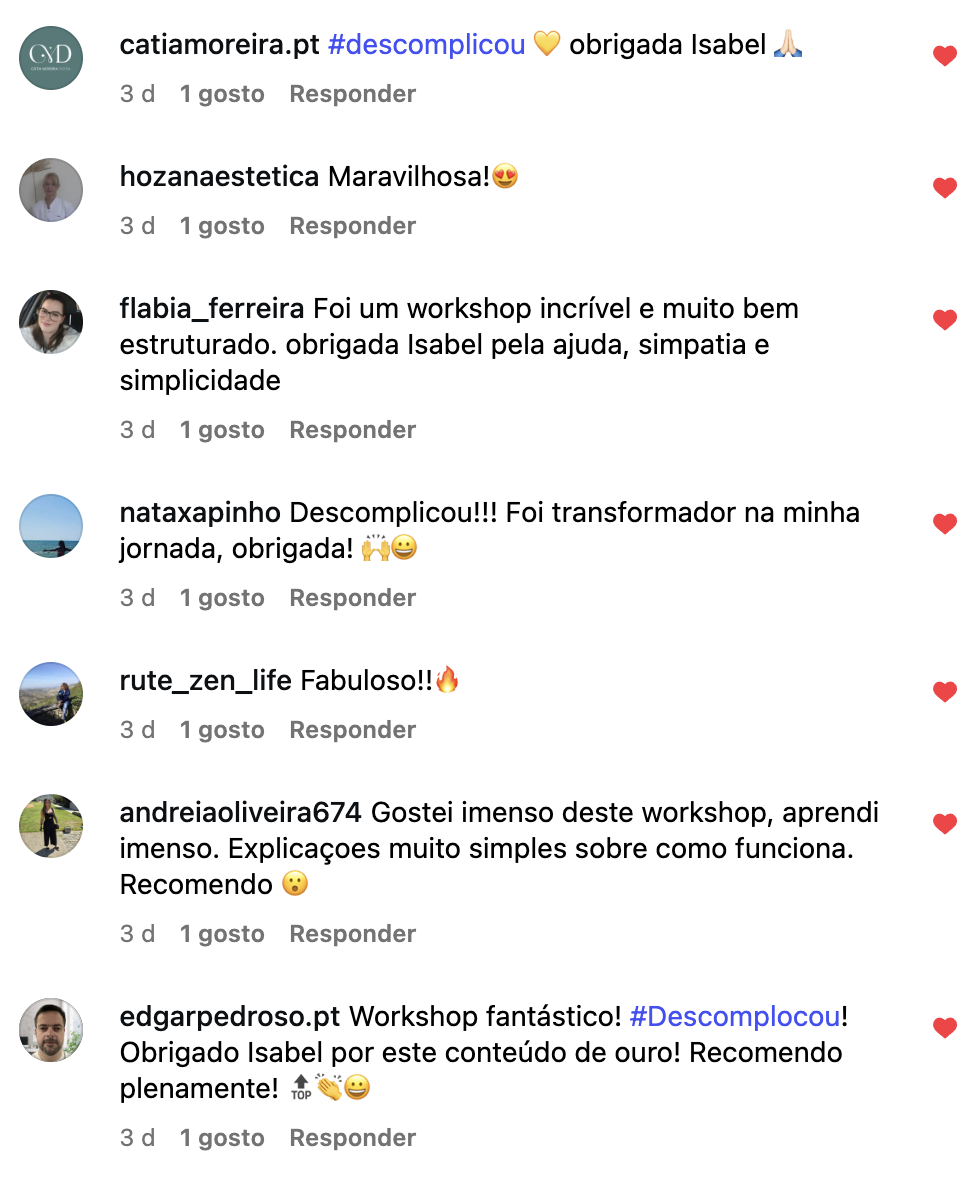 Comentários do Instagram, feedback positivo sobre o workshop
