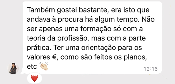 Mensagem de WhatsApp: formação com a parte prática, orientação para os valores e como são feitos os planos
