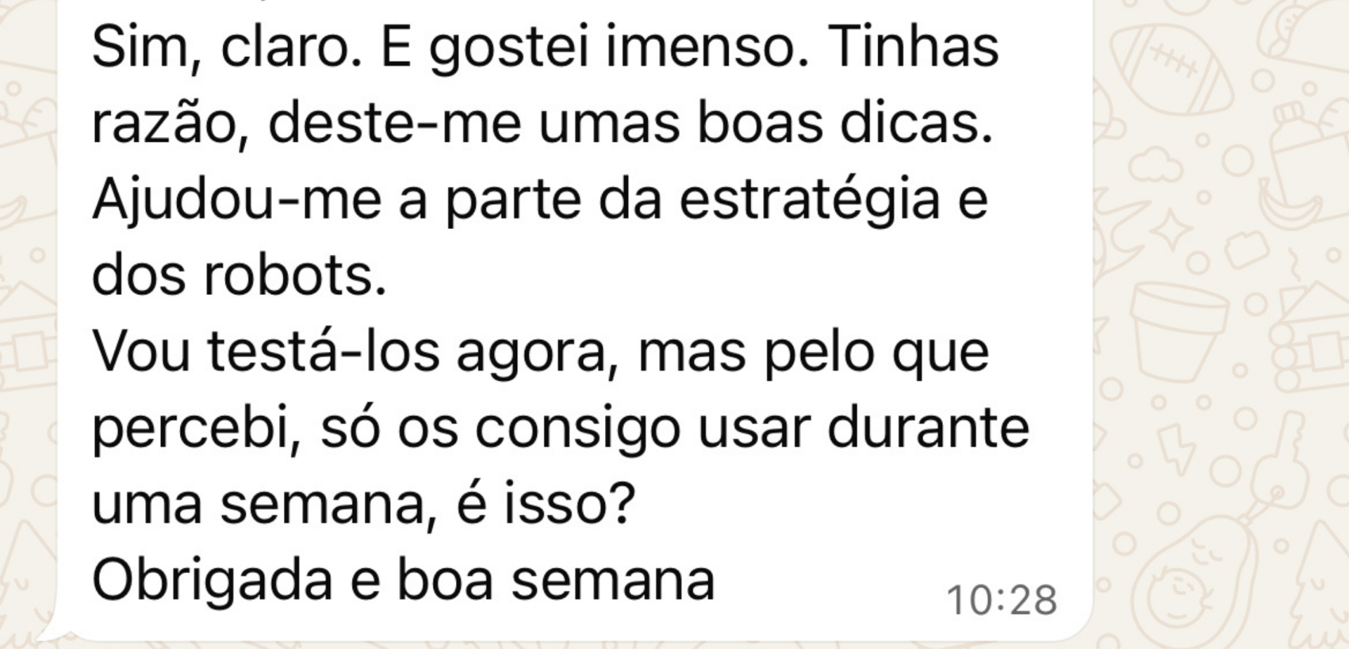 Mensagem de WhatsApp sobre a estratégia aprendida
