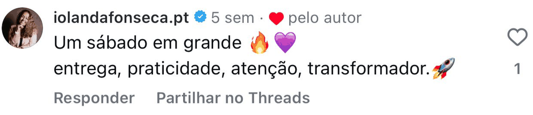 Comentário no Instagram: um sábado em grande, entrega, praticidade, atenção, transformador