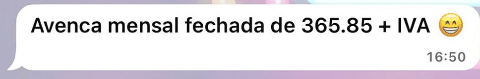 Mensagem de WhatsApp de uma aluna: avença mensal fechada de 365,85€ mais IVA