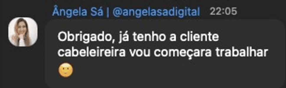 Mensagem no chat do Zoom: obrigada, já tenho a cliente cabeleireira, vou começar a trabalhar