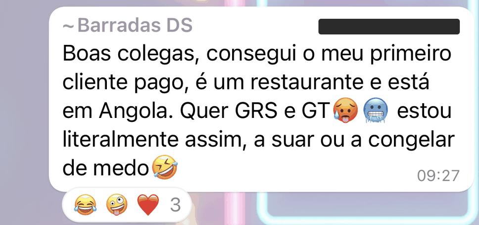 Mensagem no grupo das alunas: consegui o meu primeiro cliente pago, um restaurante em Angola, quer gestão de redes sociais e gestão de tráfego