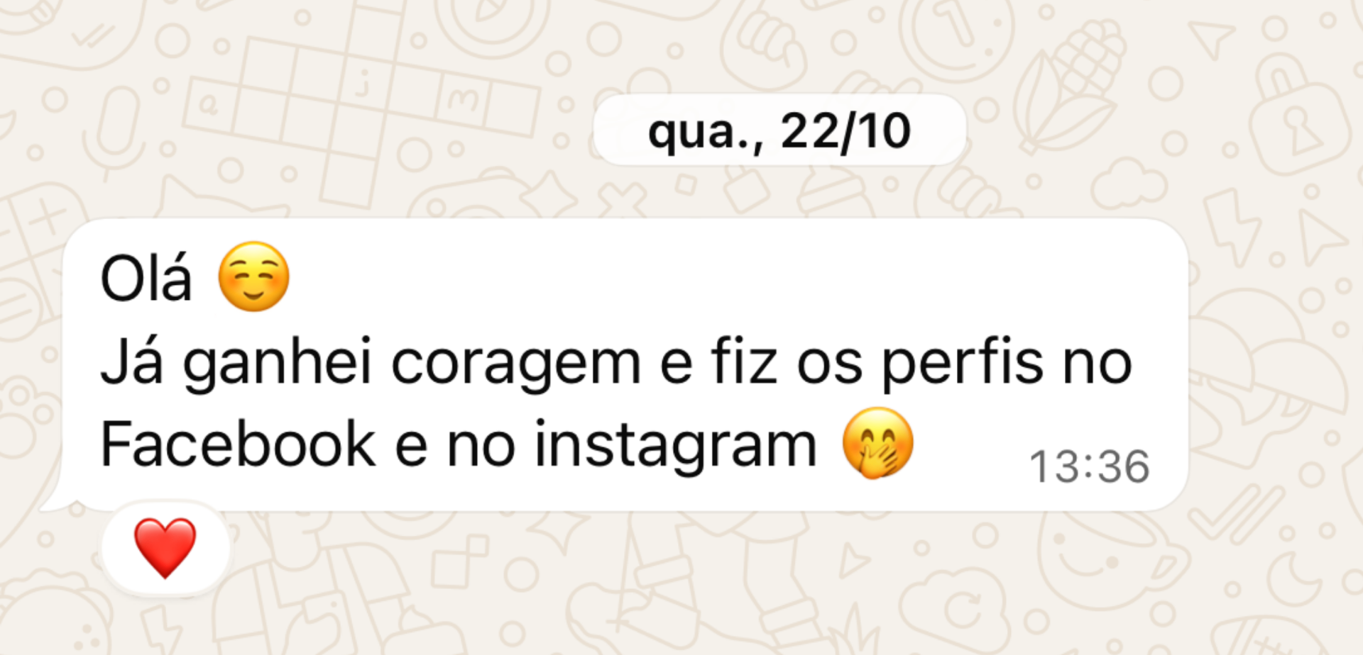 Mensagem de WhatsApp: já ganhei coragem e fiz os perfis no Facebook e no Instagram