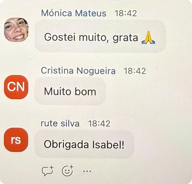 Mensagens no chat do Zoom: gostei muito, muito bom, obrigada Isabel